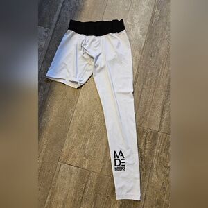 MADE Hoops. White Kids Compression Half Leg Leggings Youth MEDIUM